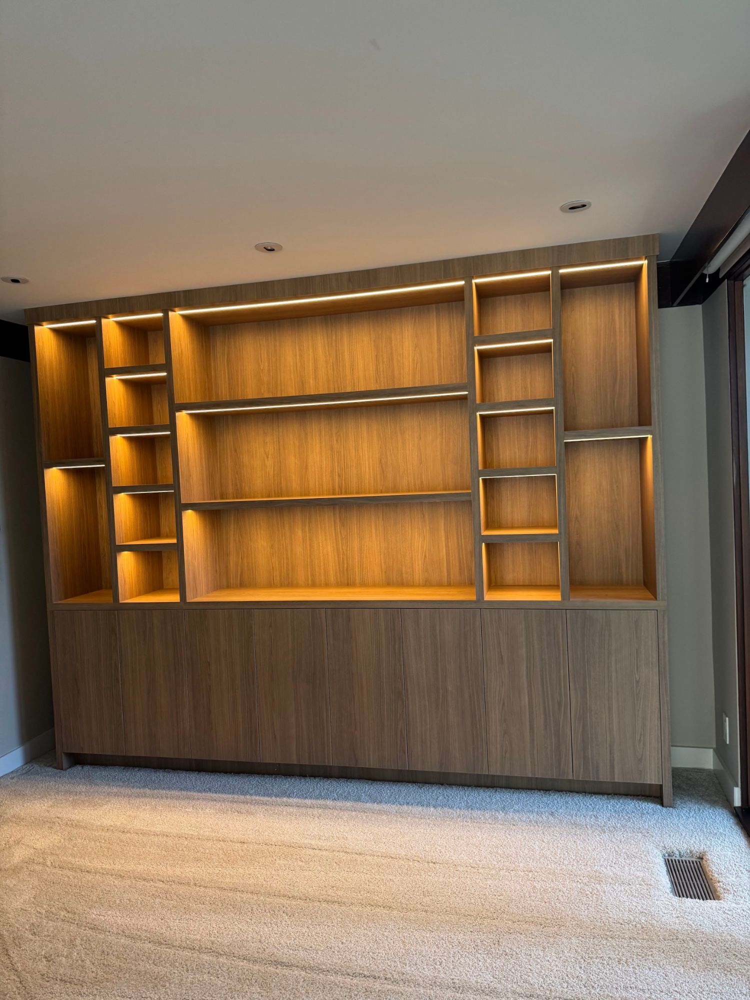 Built-in entertainment wall with LED shelf lighting Los Angeles