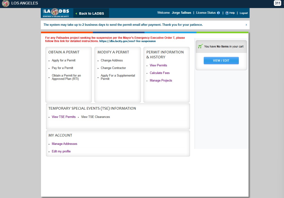 LADBS PermitLA dashboard showing Obtain a Permit, Modify a Permit, and Permit Information sections
