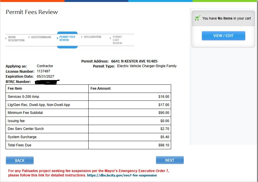 LADBS PermitLA Permit Fees Review screen showing $98.10 total for Electric Vehicle Charger Single Family permit
