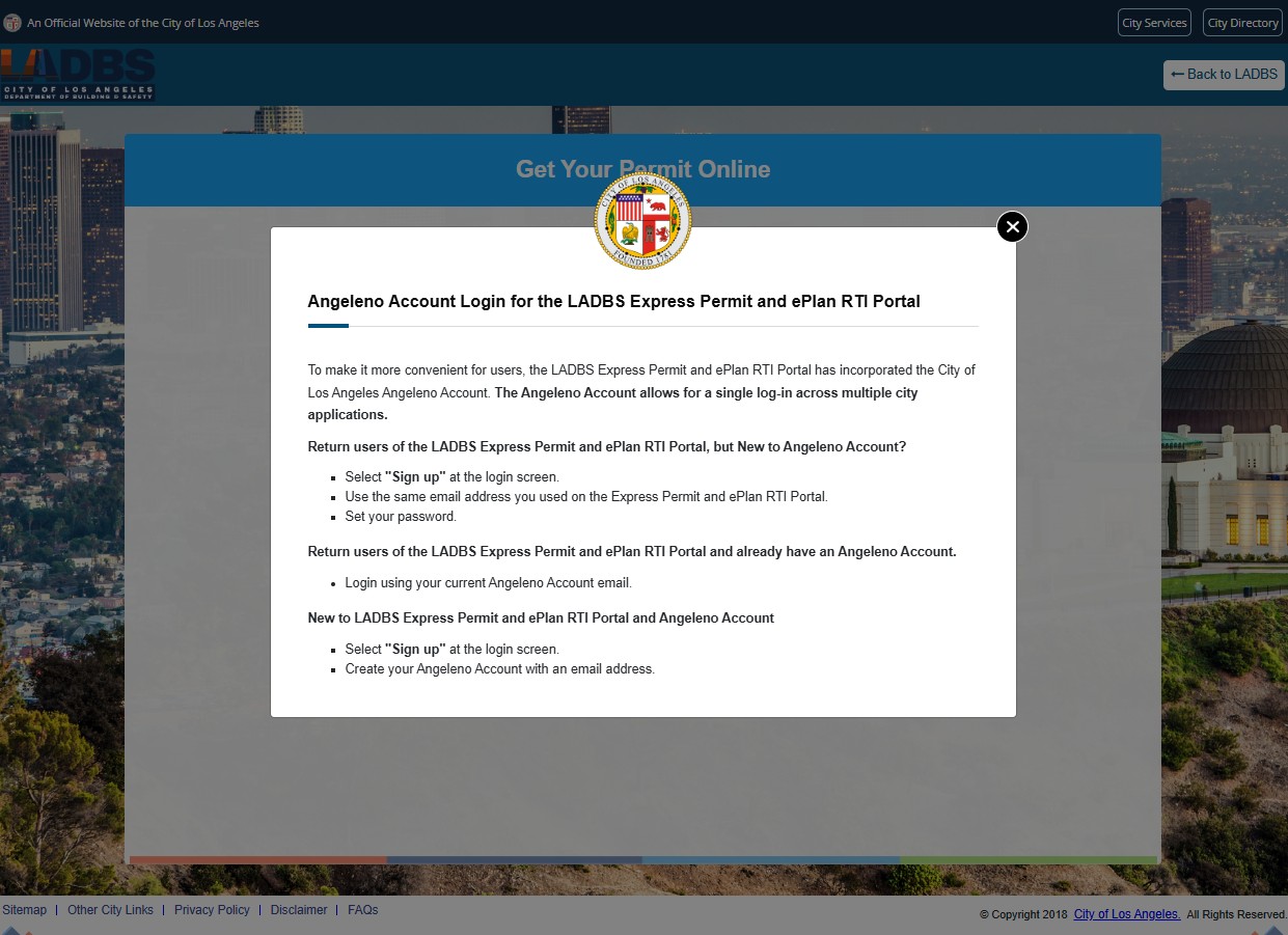 LADBS PermitLA portal landing page showing Get Your Permit Online and Angeleno Account login instructions
