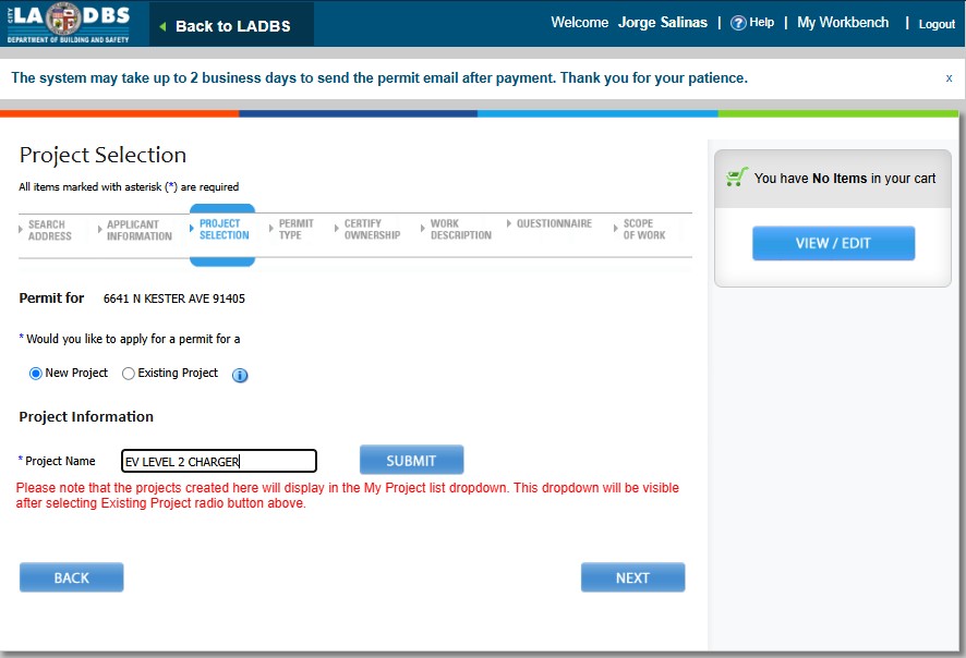 LADBS PermitLA Project Selection screen showing New Project option and project name field