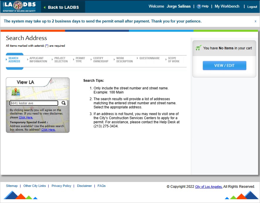 LADBS PermitLA Search Address step showing address entry field and search tips