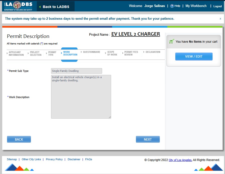 LADBS PermitLA Work Description screen showing Permit Sub Type dropdown and Work Description text field for EV charger